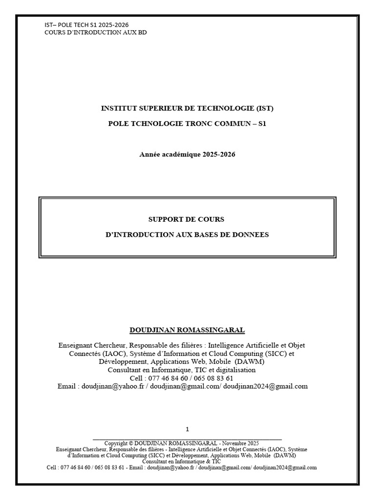 Introduction aux Bases de Données S1 2025 | PDF | Bases de données ...