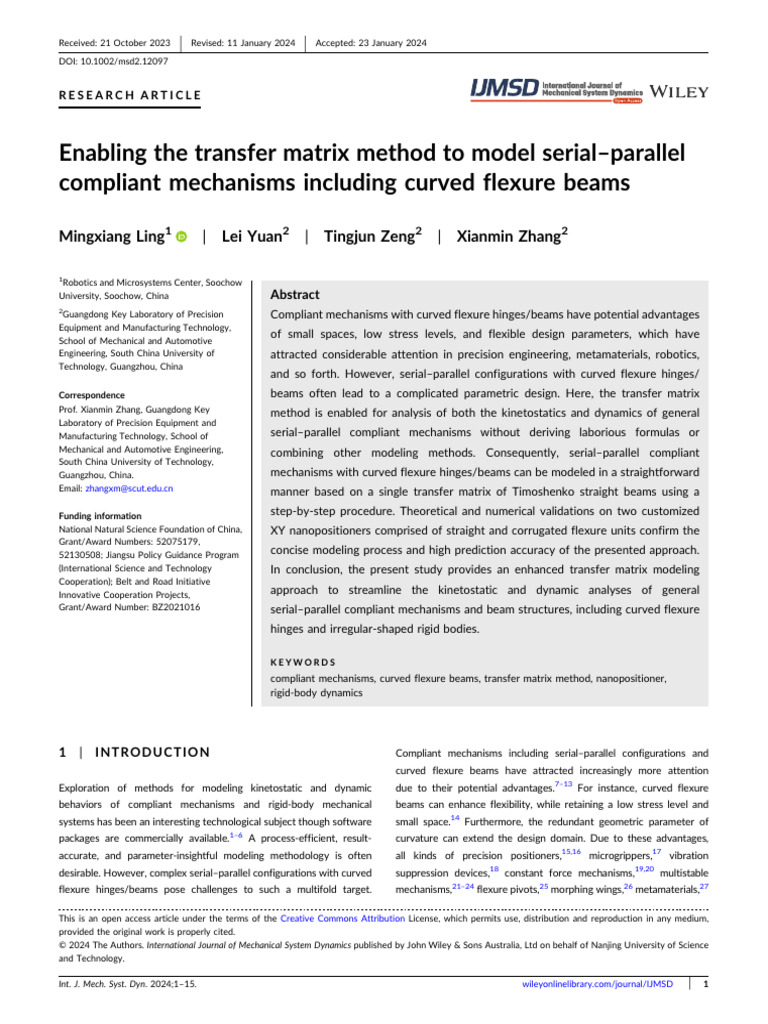 Transfer Matrix Method for Compliant Mechanisms | PDF | Bending | Mechanics