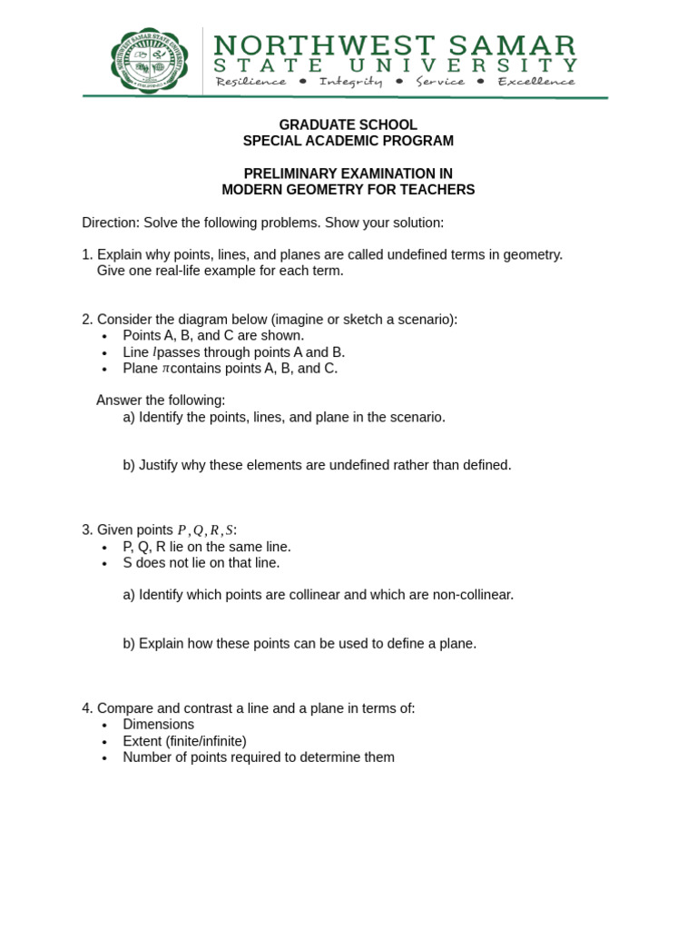 Modern Geometry Exam Guide for Teachers | PDF