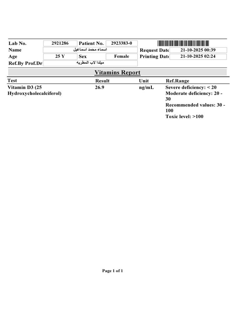 Vitamin D3 Levels Report for Patient | PDF