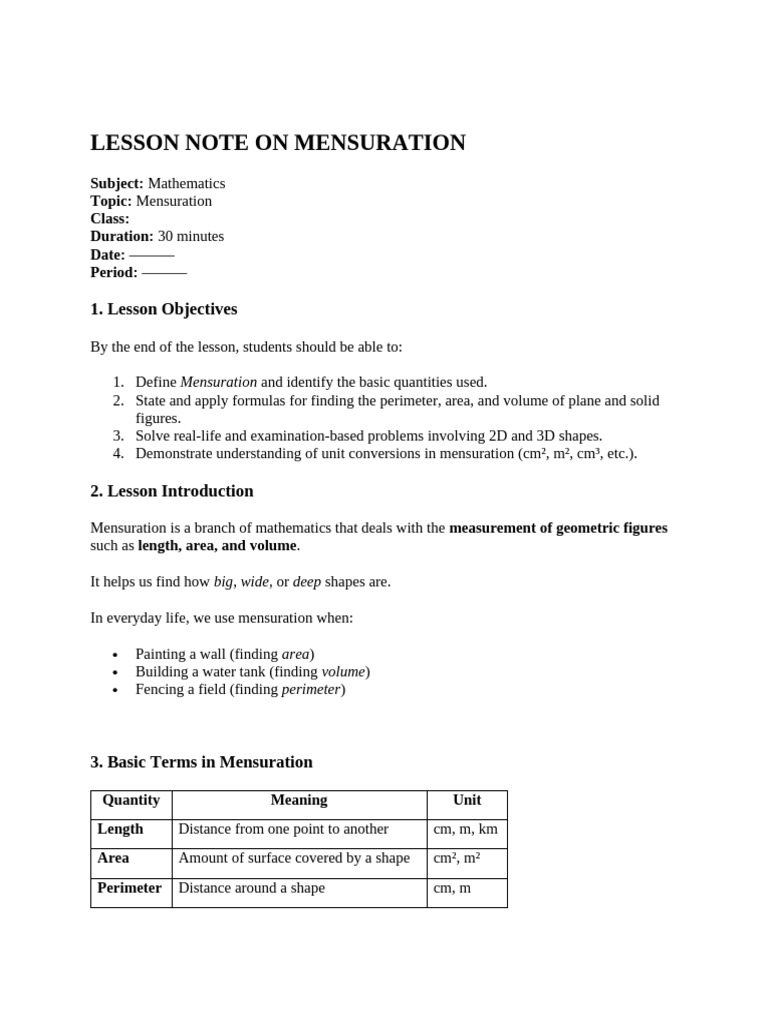 Lesson Note on Mensuration | PDF | Area | Volume