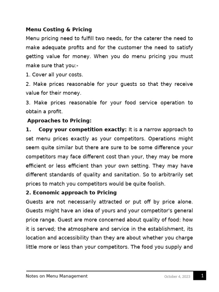 Menu Costing and Pricing Strategies | PDF | Menu | Pricing
