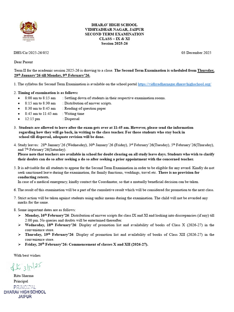 DHS Class IX & XI Second Term Exam Schedule | PDF