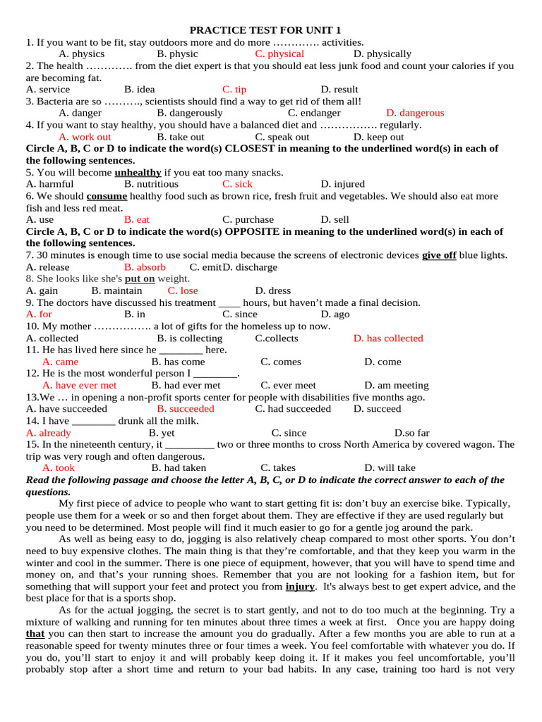 Unit 1 Practice Test: Health & Fitness | PDF | Adolescence | Sleep