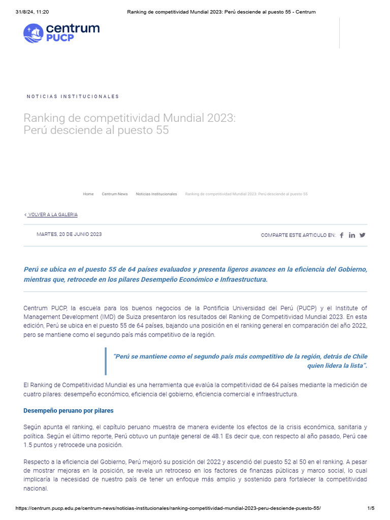 Ranking de Competitividad Mundial 2023 - Perú Desciende Al Puesto 55 ...