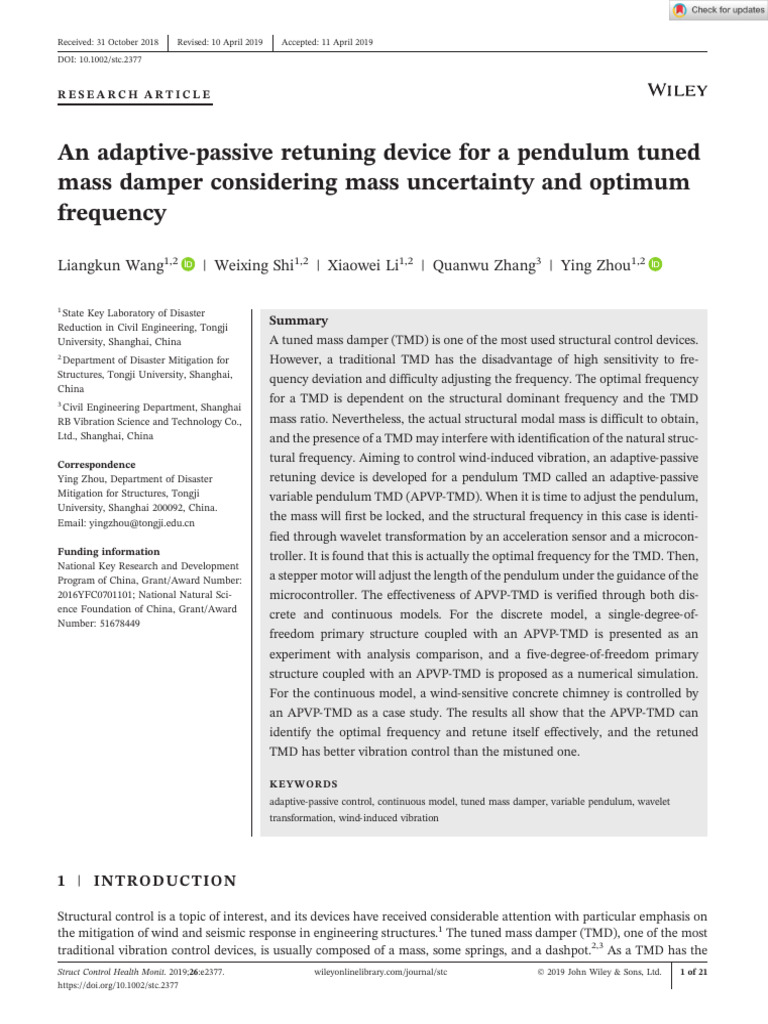 Structural Contr HLTH - 2019 - Wang - An Adaptive Passive Retuning ...
