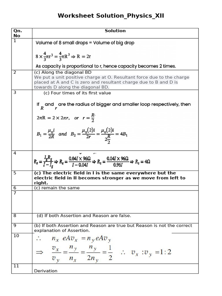 Physics XII Worksheet Solutions Guide | PDF