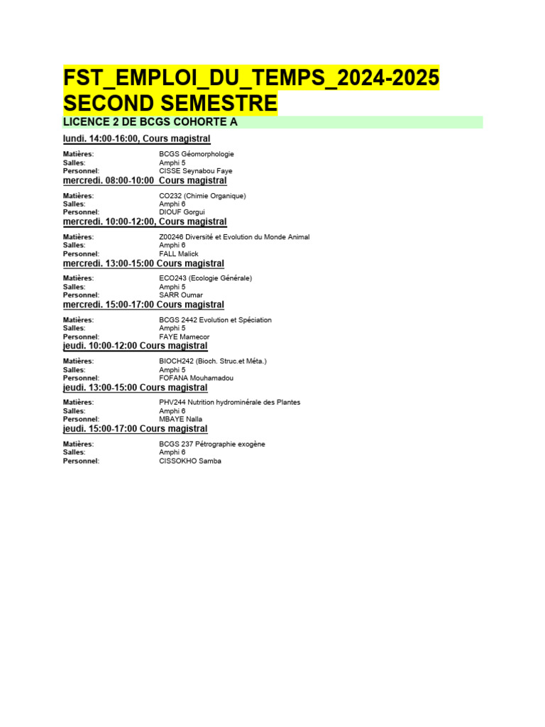 Emploi du temps BCGS 2024-2025 Semestre 2 | PDF | Chimie | Sciences ...