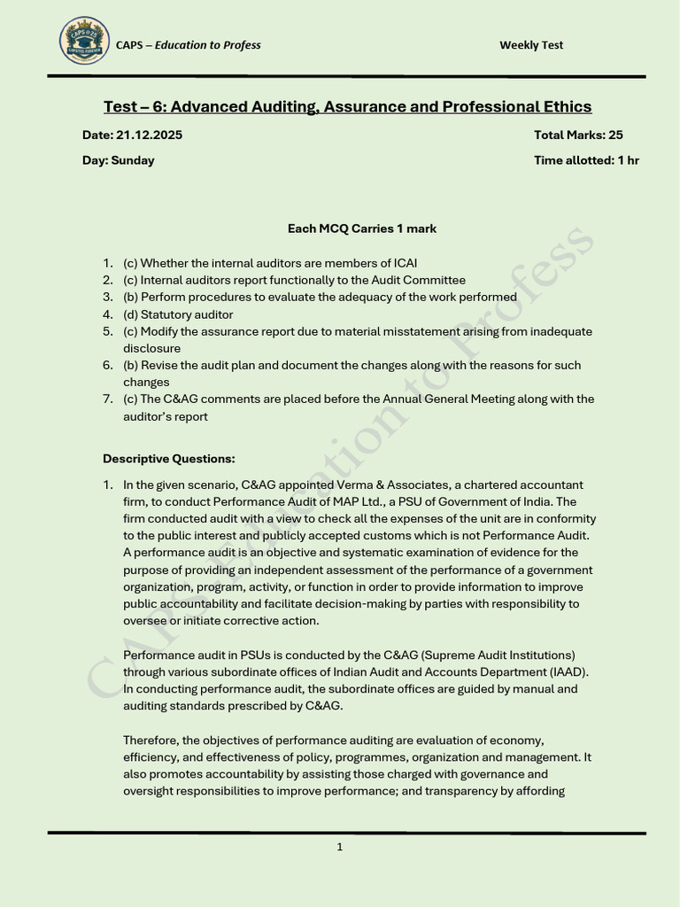 Advanced Auditing Test for Professionals | PDF | Audit | Internal Audit