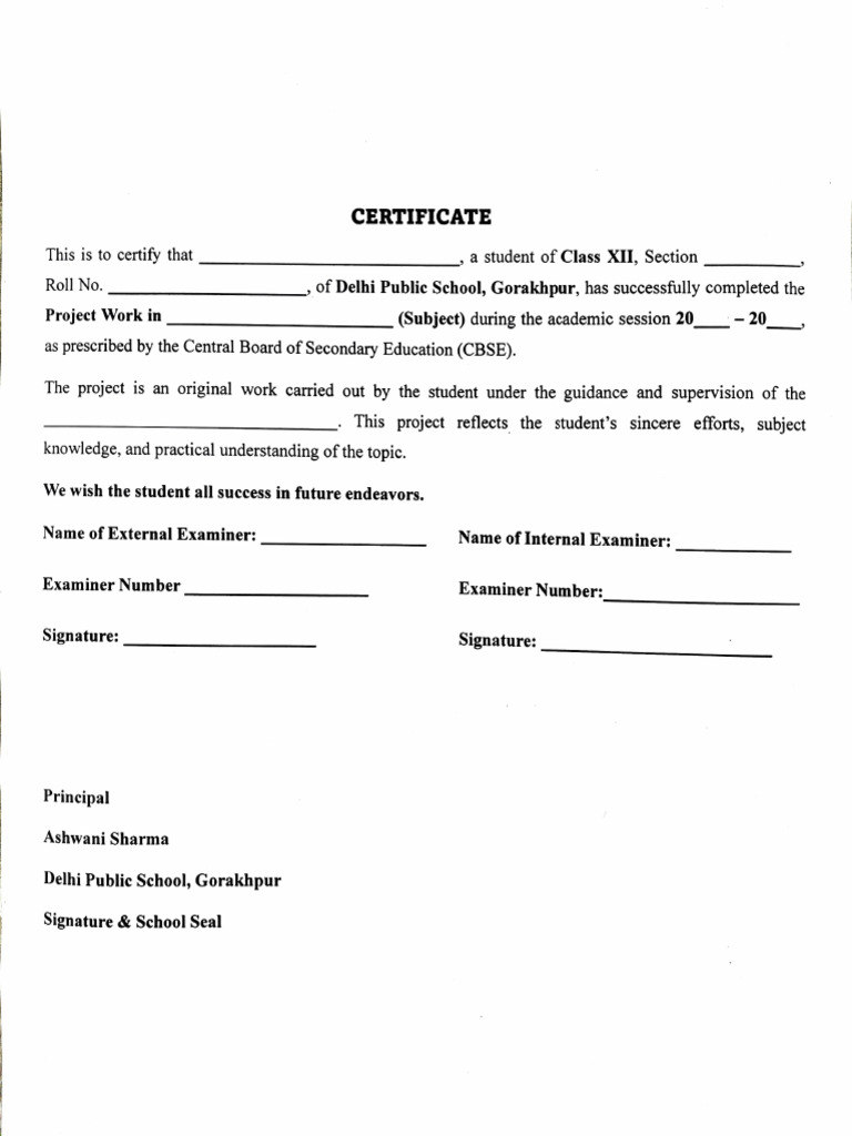 CBSE Project Completion Certificate Template | PDF