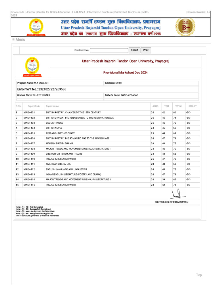 Provisional Marksheet for M.A. English | PDF | English Literature ...