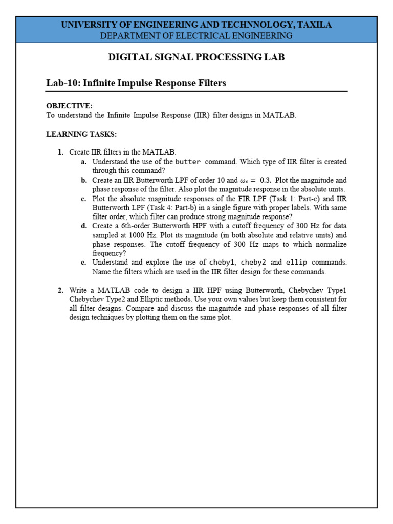 IIR Filter Design in MATLAB Lab Guide | PDF
