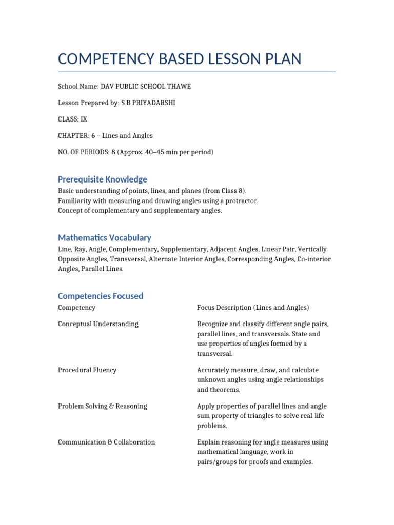 Competency-Based Lesson Plan: Lines & Angles | PDF | Angle | Elementary ...