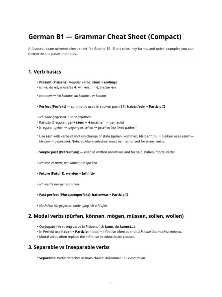 German B1 Grammar Cheat Sheet | PDF