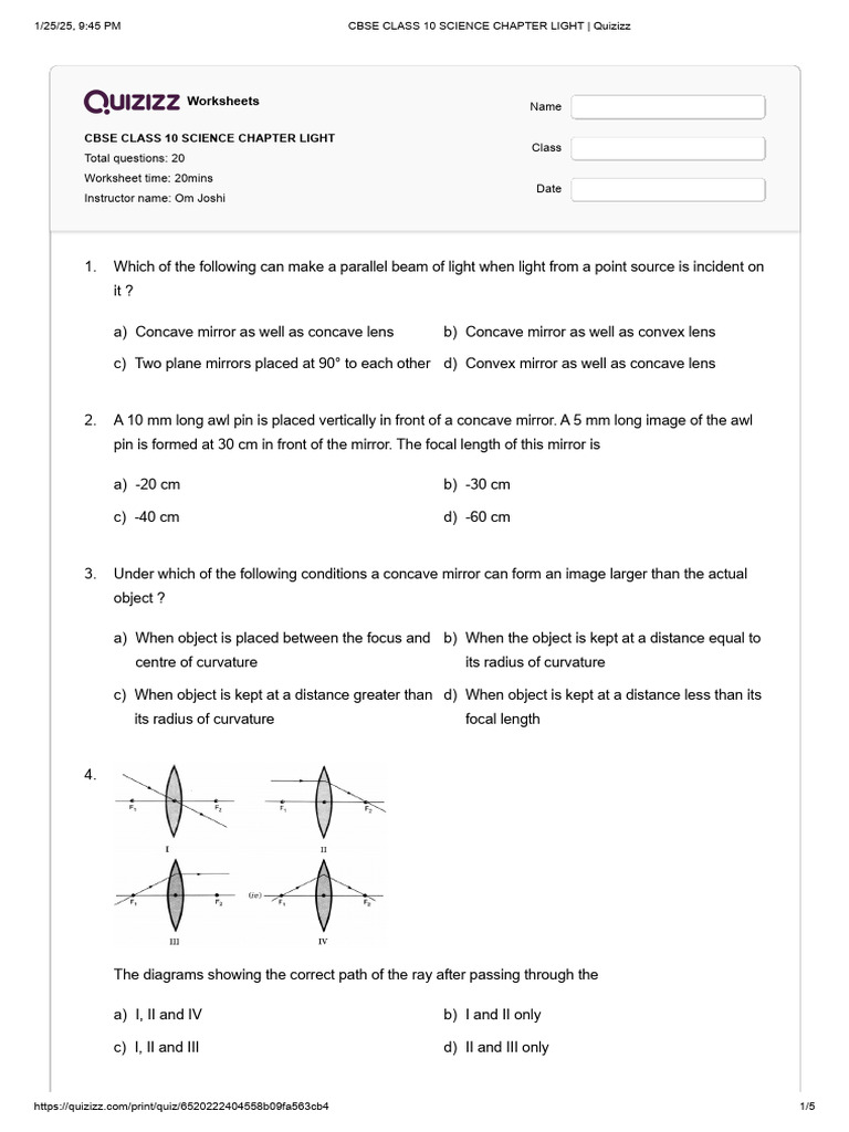 CBSE Class 10 Science Light Worksheets | PDF | Mirror | Electrodynamics