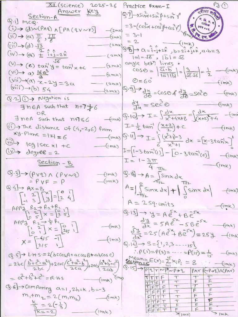 12 Th Science Practice Exam Maths & Stats Set-A Model Answer | PDF