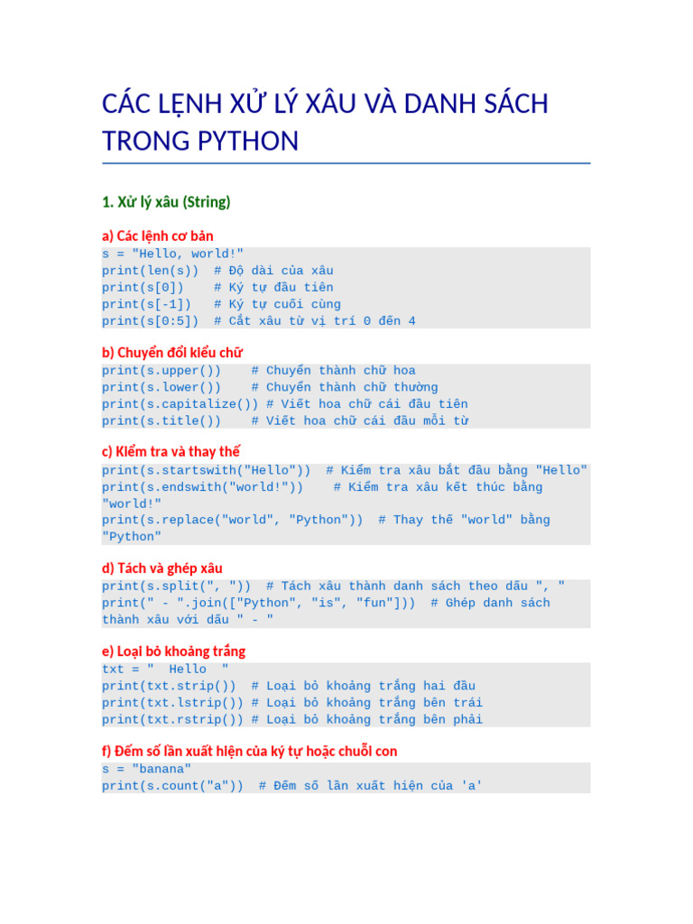 Xu Ly Xau Va Danh Sach Python | PDF