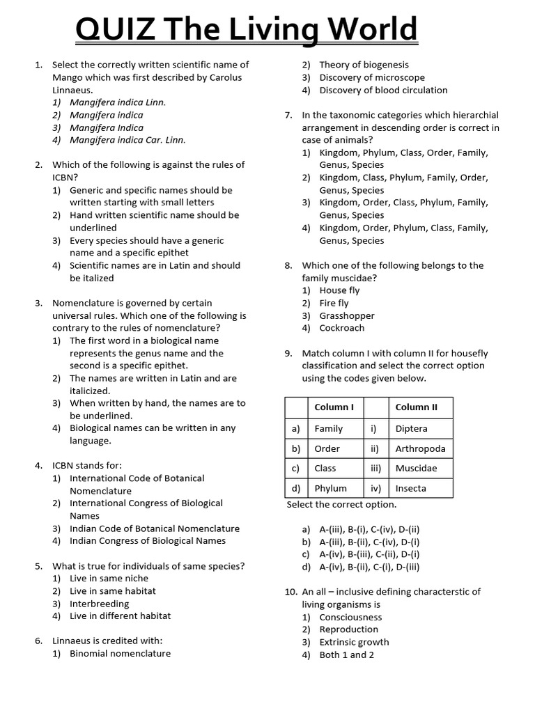 living world question | PDF | Genus | Species