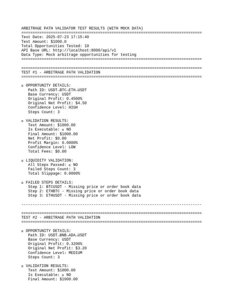 Arbitrage Path Validator Test Results | PDF | Arbitrage | Financial ...