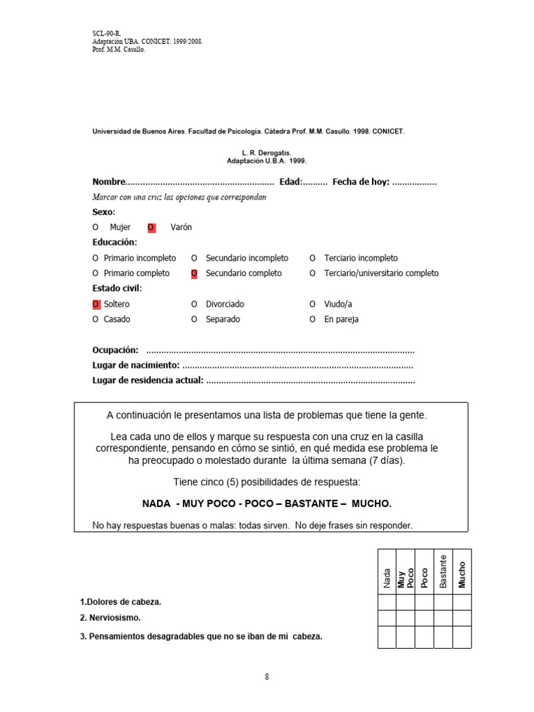 Cuestionario SCL-90-R Adaptado UBA | PDF