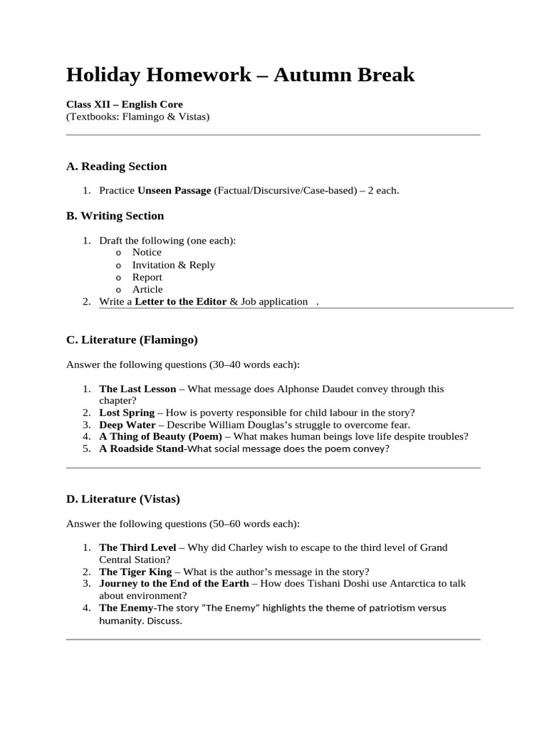 Holiday Homework AUTUMN 2025 | PDF