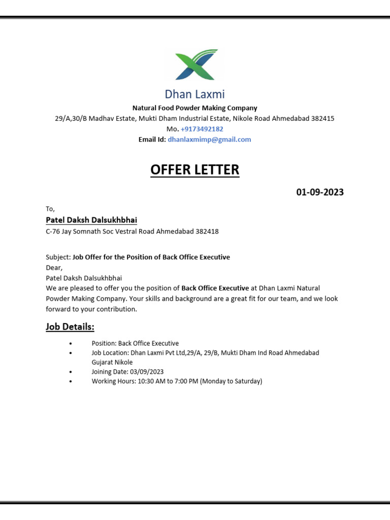 Job Offer for Back Office Executive | PDF