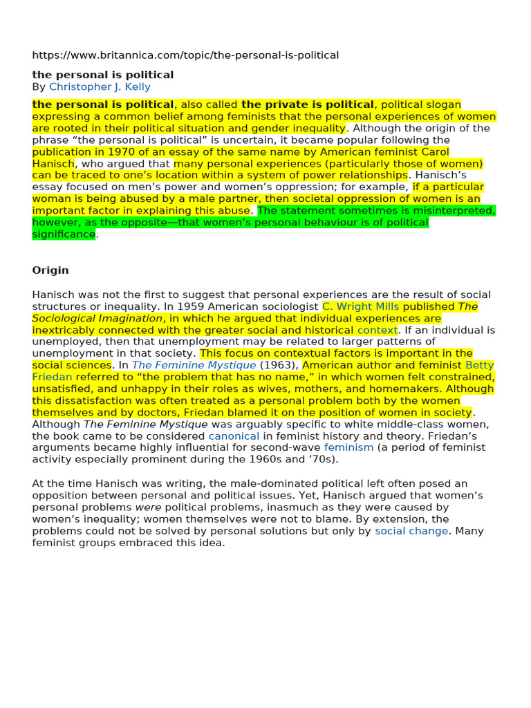 The Personal is Political Explained | PDF | Feminism | Gender Studies