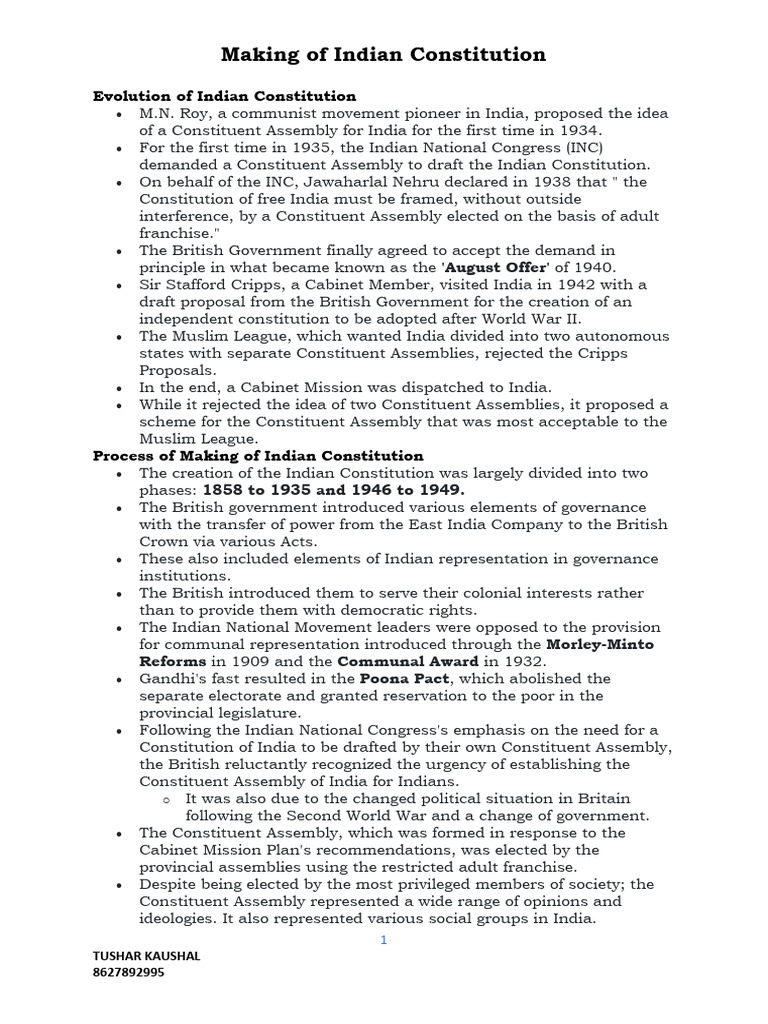 Evolution and Framing of Indian Constitution | PDF