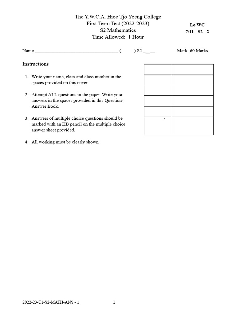S2 Mathematics First Term Test 2022-23 | PDF | Mathematics | Number Theory