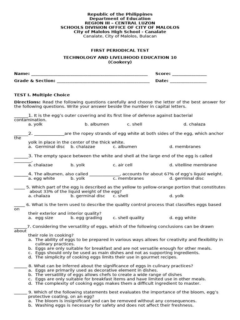 Technology and Livelihood Education 10: Cookery Test | PDF | Cooking ...