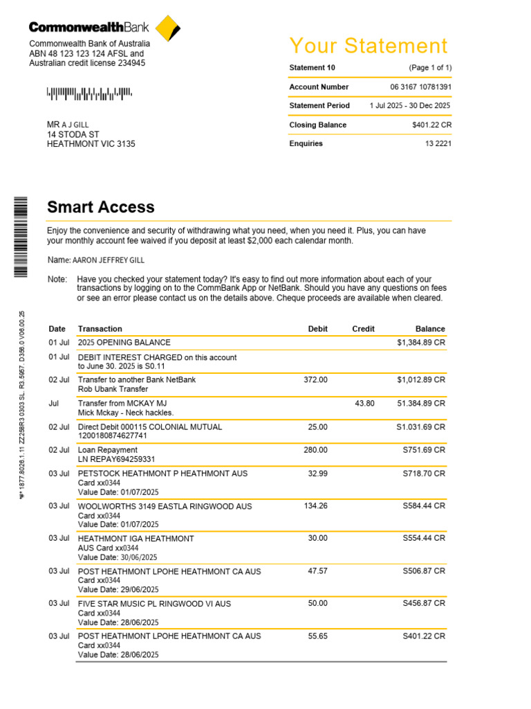 Commonwealth Bank Account Statement Summary | PDF | Debit Card | Banks