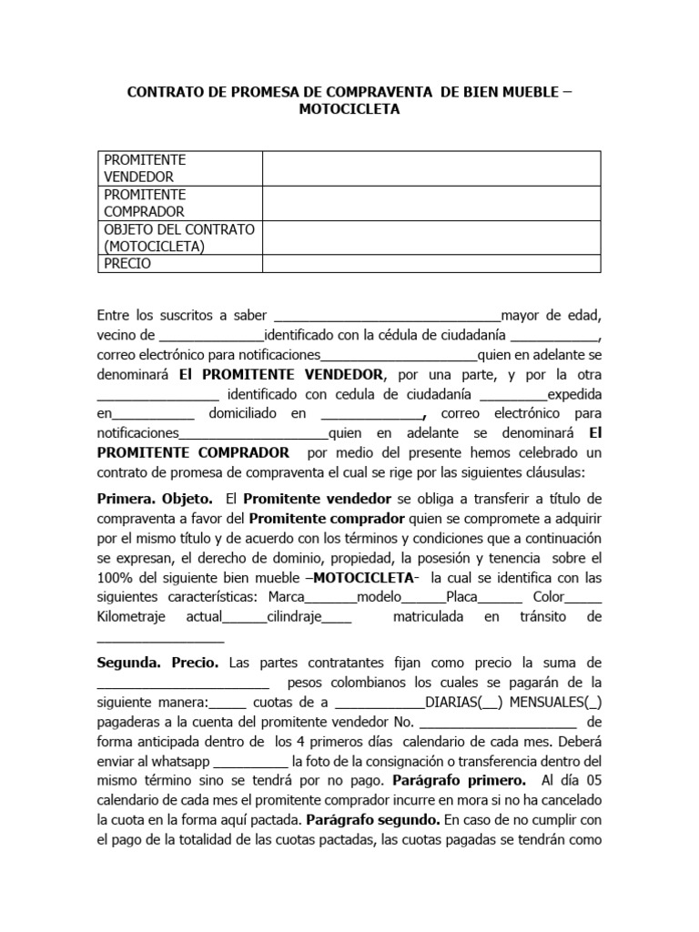 Contrato de Promesa de Compraventa de Motocicleta | PDF