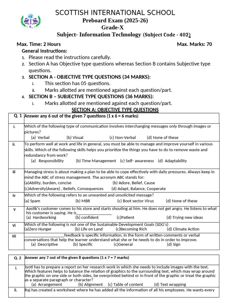 Grade X IT Preboard Exam 2025-26 | PDF | Databases | Spreadsheet