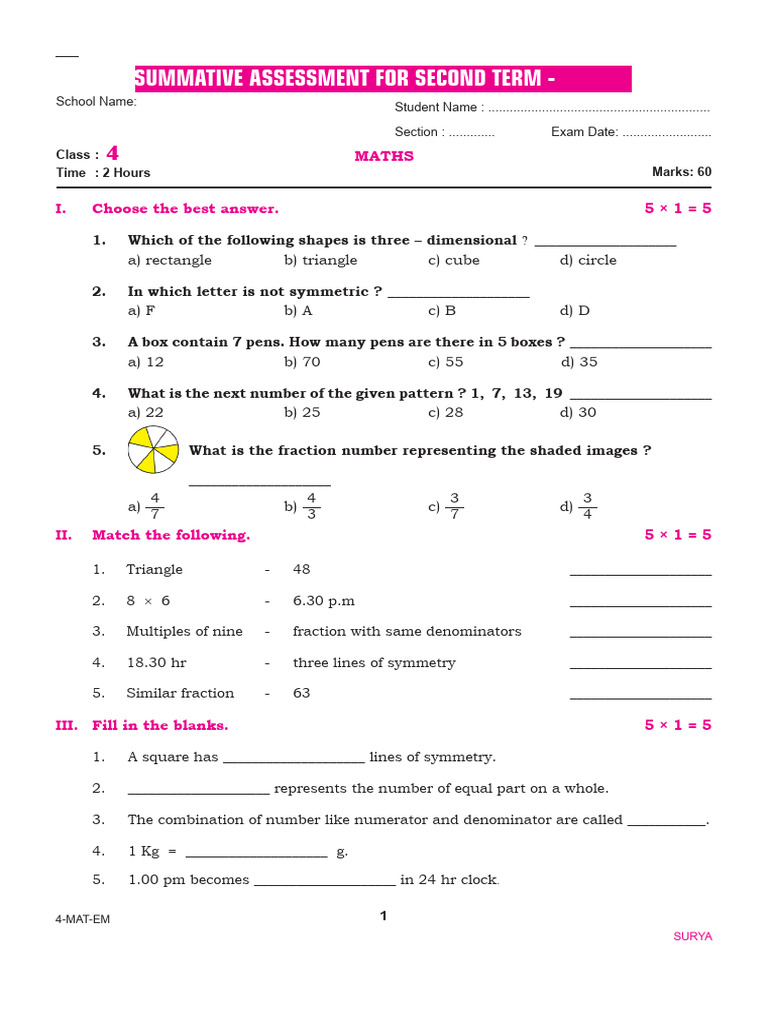 Tamil Aruvi Web: Class 4 Maths Exam | PDF