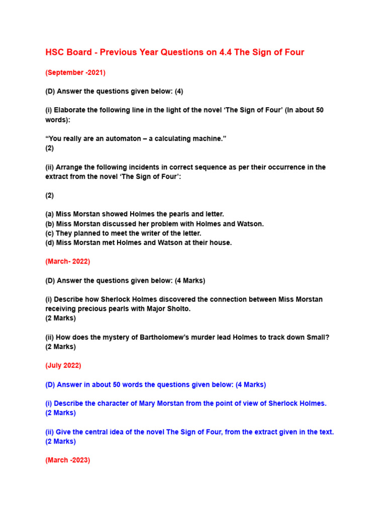 HSC Previous Year Questions: The Sign of Four | PDF | The Sign Of The ...