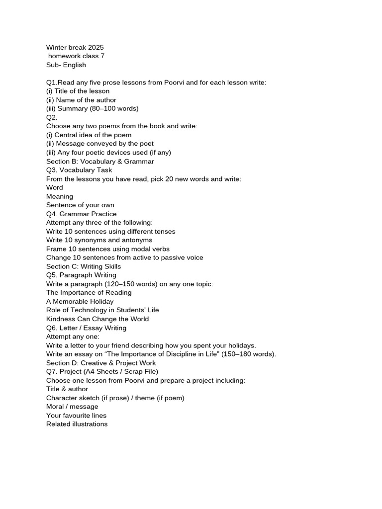Class 7 Winter Break Homework Guide | PDF