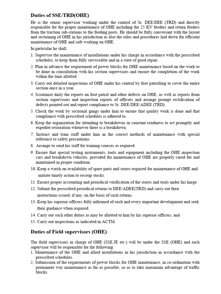 Duties of SSE and Field Supervisors OHE | PDF | Power Supply | Electric ...