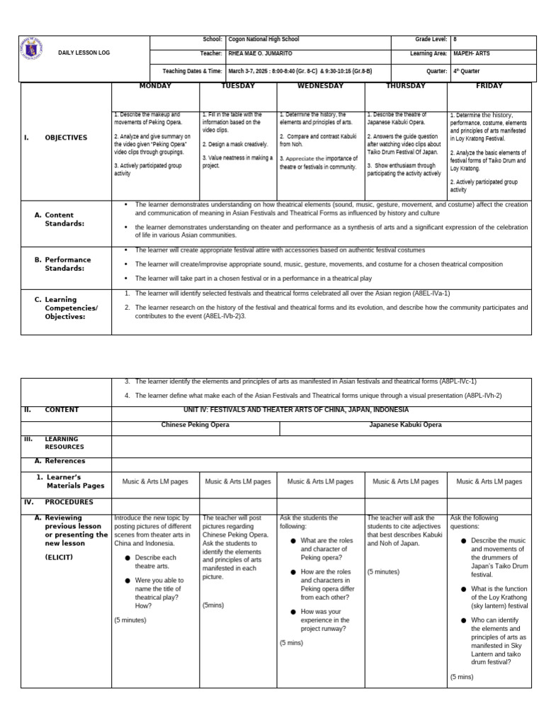 Grade 8 MAPEH Arts Daily Lesson Plan | PDF | Theatre | Mask