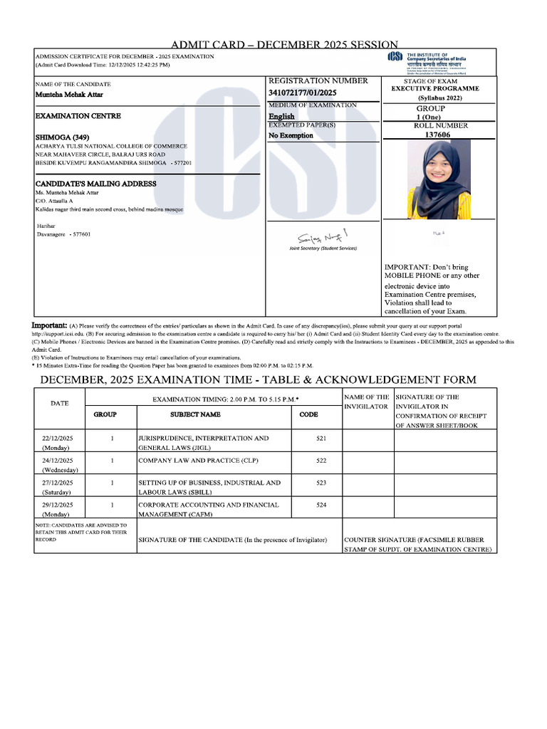 Admit Card PDF | PDF