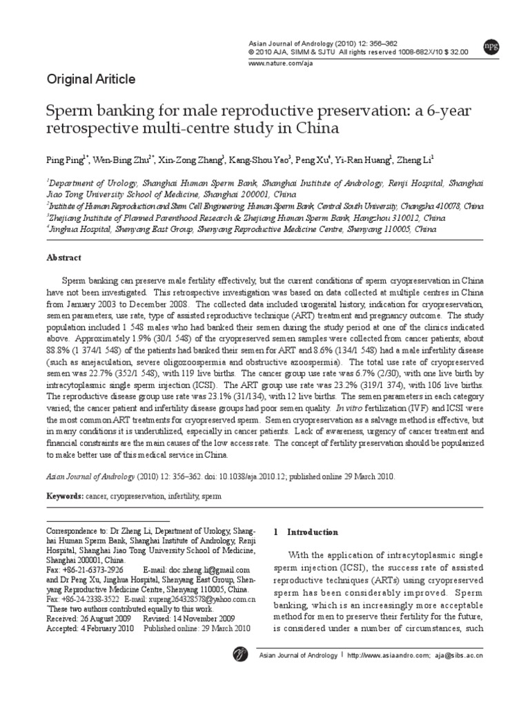 Sperm Banking For Male Reproductive Preservation A 6 Year