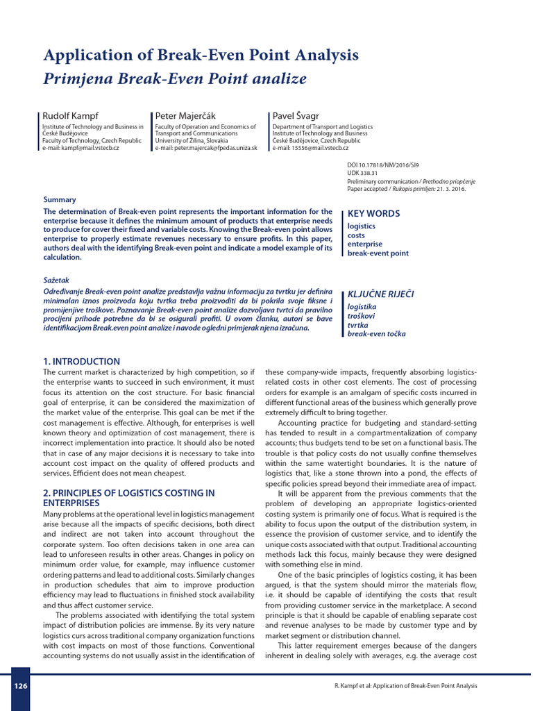 Break-Even Point Analysis in Logistics | PDF | Business Economics ...