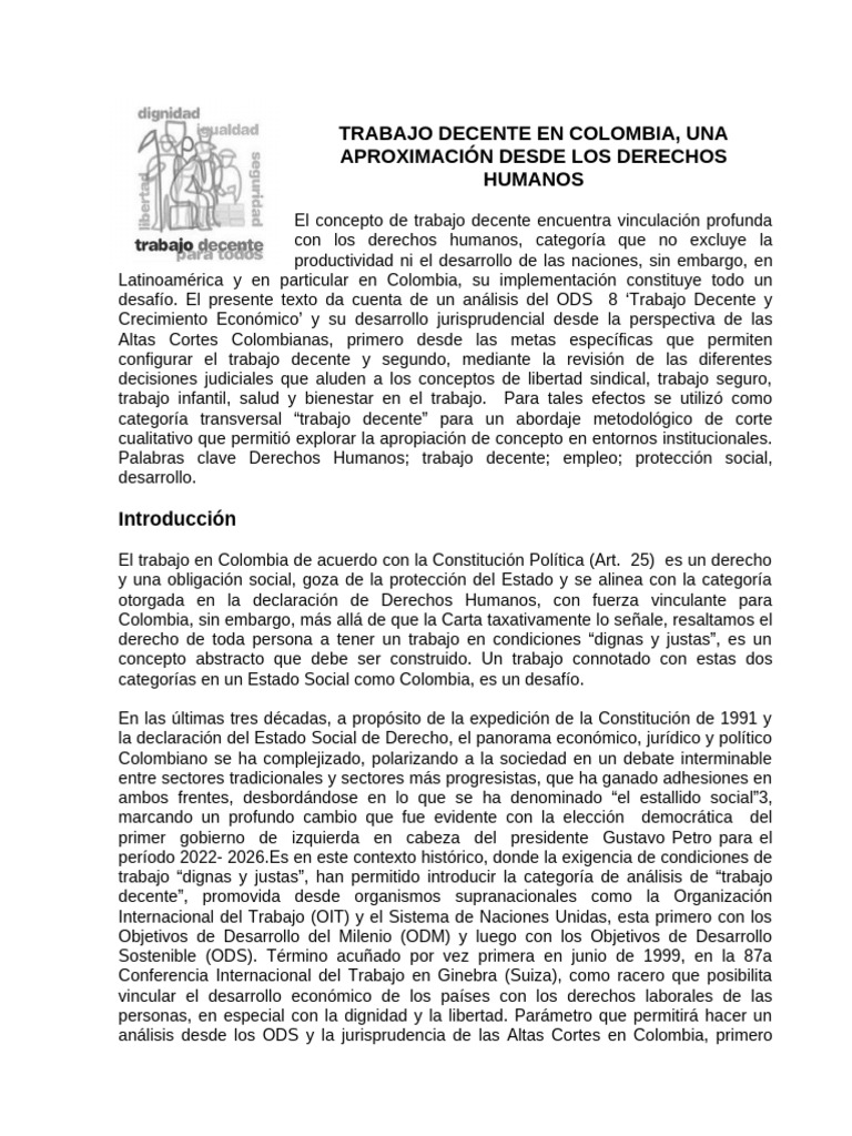 Trabajo Decente y Derechos Humanos en Colombia | PDF | Derechos humanos ...