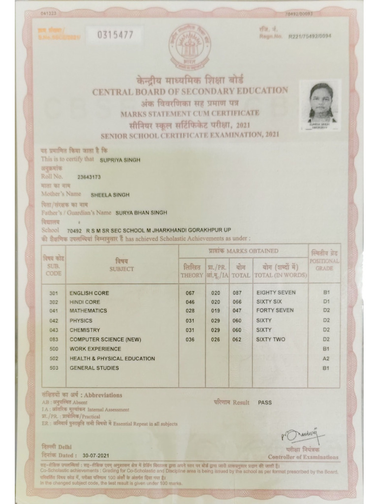 Class 12th Marksheet | PDF