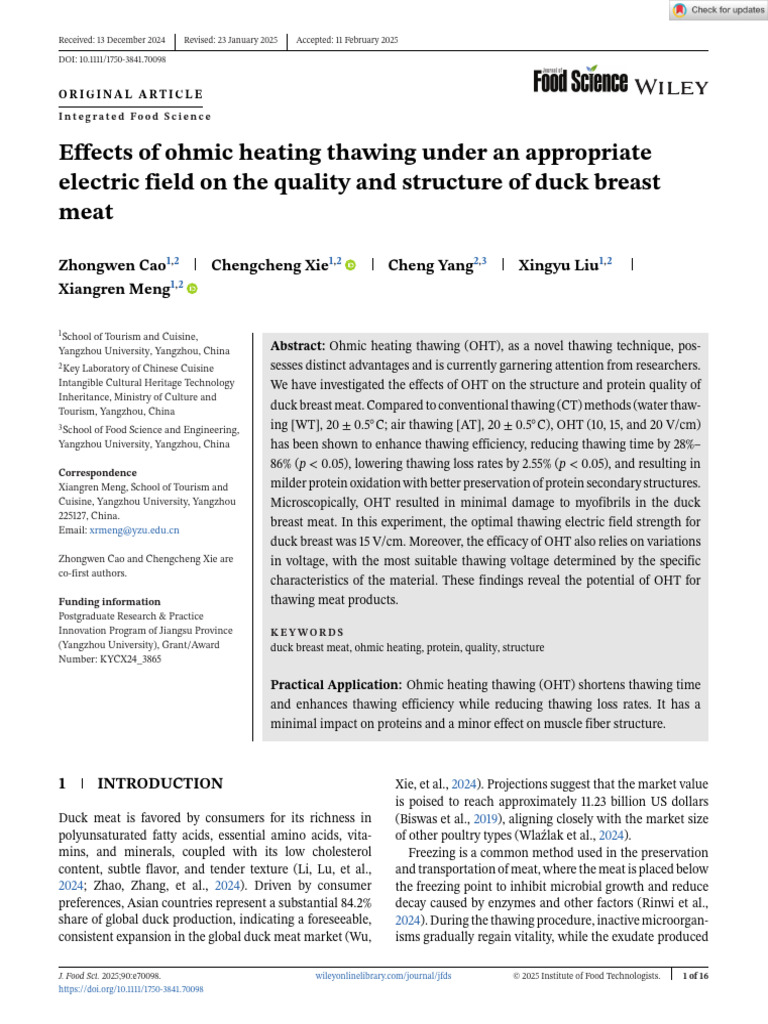 Ohmic Heating Effects on Duck Breast Quality | PDF | Meat | Protein ...
