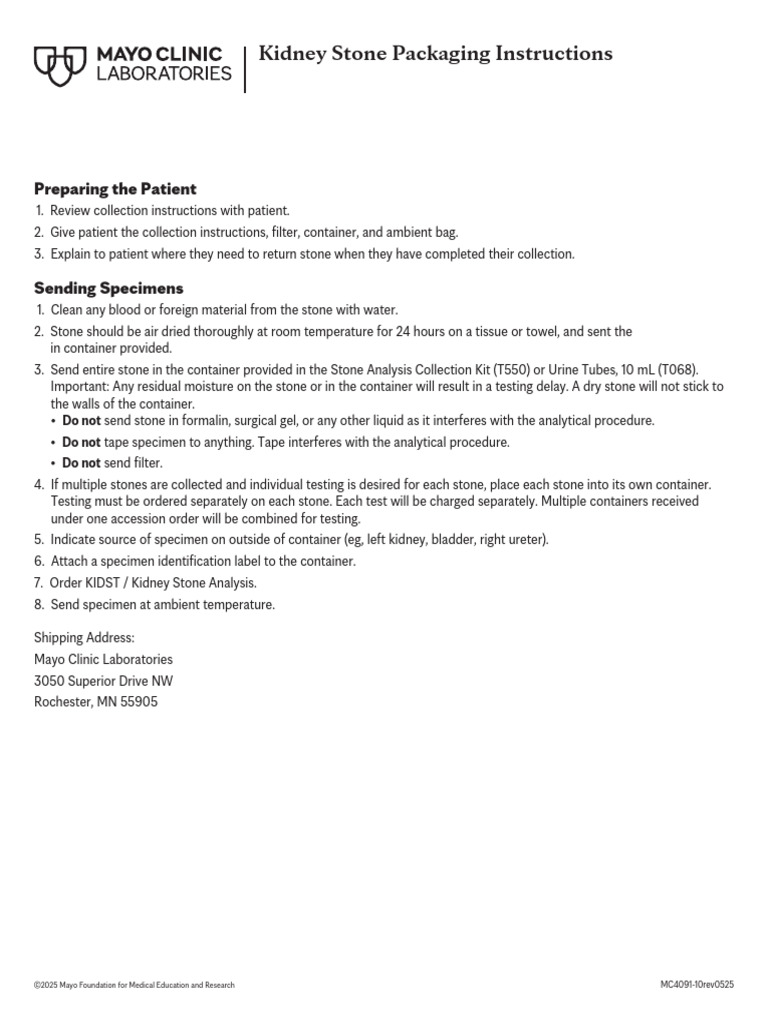 Kidney Stone Analysis Packaging Instructions | PDF