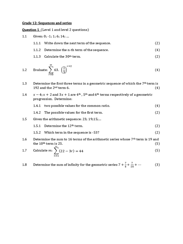 Grade 12 Sequences and Series Exercises | PDF | Mathematics ...