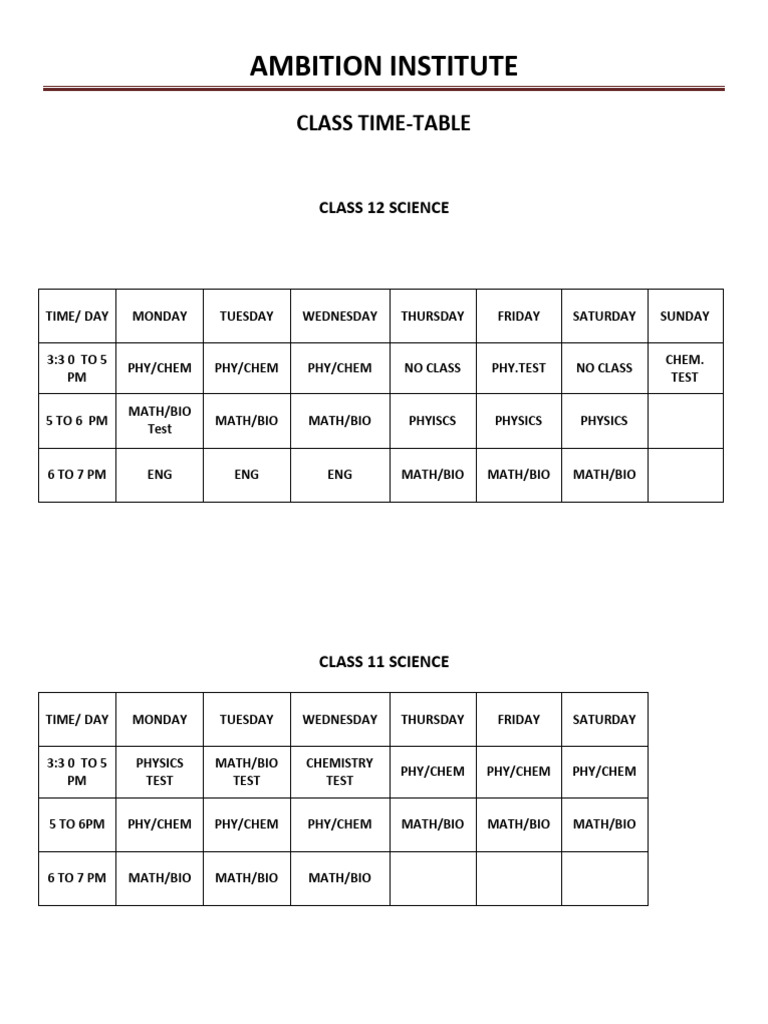 Ambition Institute Class Timetable | PDF