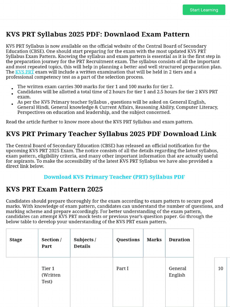 KVS PRT Syllabus 2025 PDF - Downlaod Exam Pattern | PDF