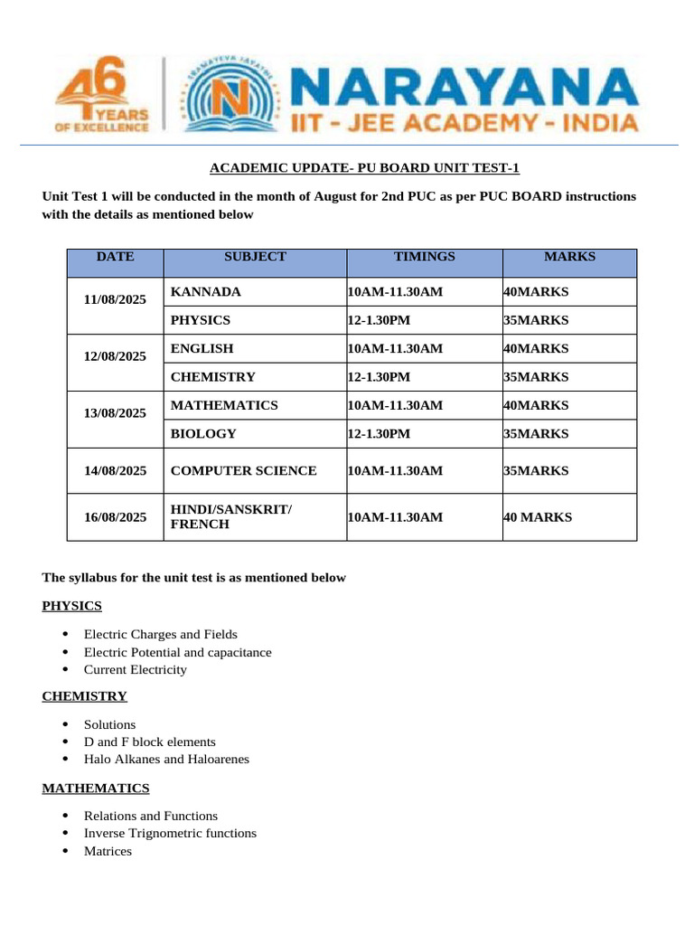2nd PUC Unit Test Schedule 2025 | PDF