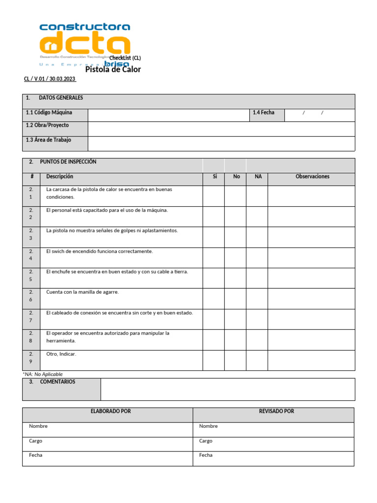 Checklist de Inspección para Pistola de Calor | PDF